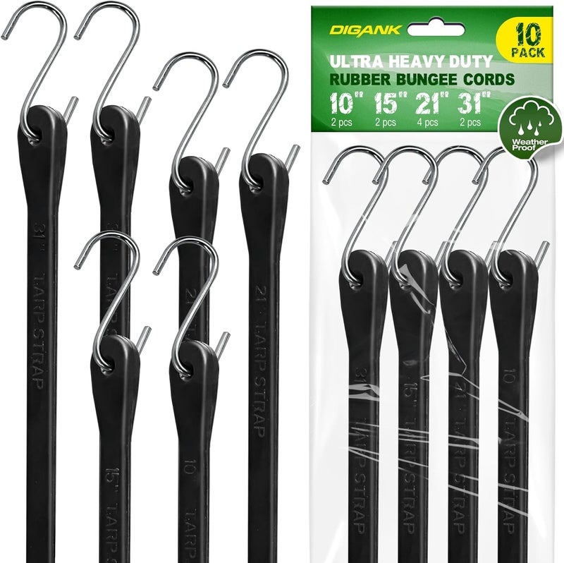 Digank Bungee Cords with Hooks (10 Pack) Heavy Duty Outdoor Rubber Tarp Straps in 10", 15", 21", 31" Sizes, Crimped S Hooks for Cargo, Bikes, Camping Gear, Luggage - Max Stretch 1.5X, Load 180 lbs - Image 1
